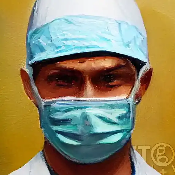 An oil painted portrait depicting a group of surgeons standing in front of a vibrant yellow painted wall. The surgeons are dressed in their scrubs and are arranged in a group, with some facing the viewer and others in profile. They appear focused and serious, with their arms crossed or hands clasped behind their backs. The painting captures the essence of a professional medical team in action, with the bright wall adding a bold pop of color to the scene.